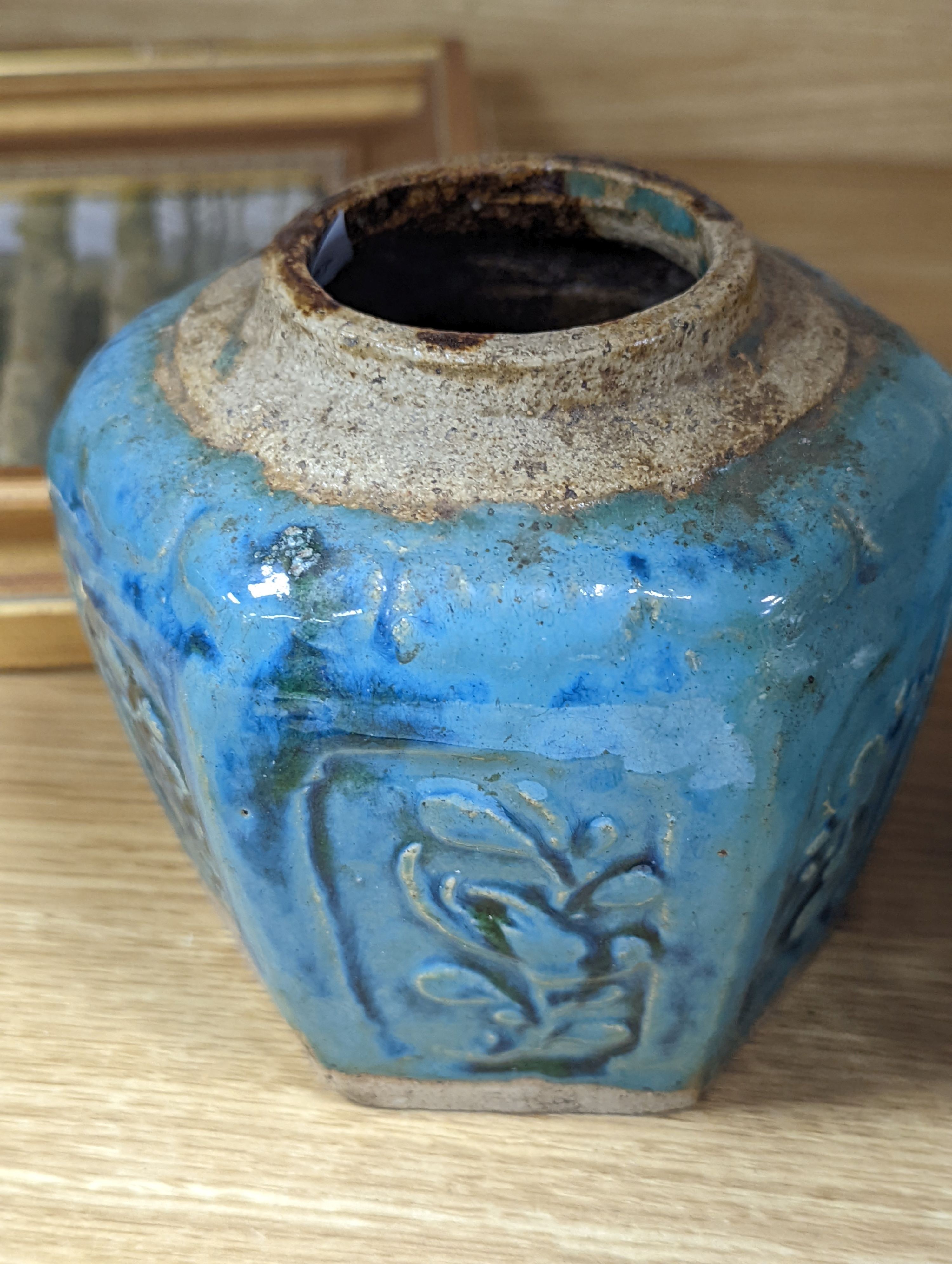 Two Chinese bronze handwarmers and a turquoise glazed jar